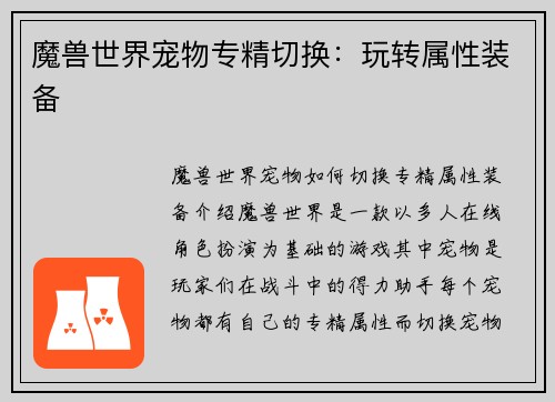 魔兽世界宠物专精切换：玩转属性装备